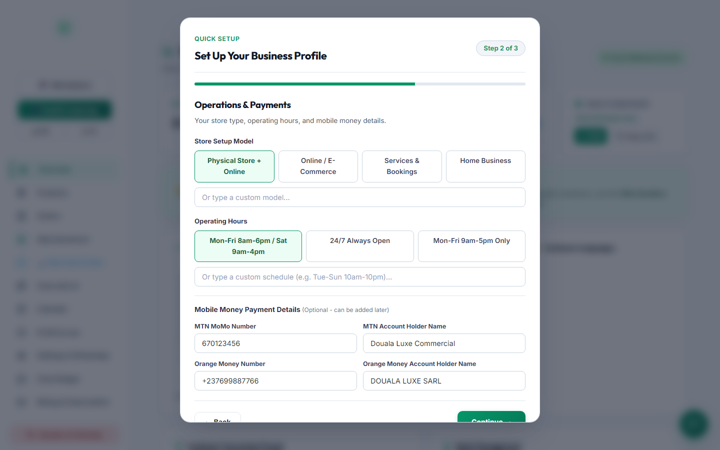 Onboarding Step 2: Payments Setup (Desktop View)