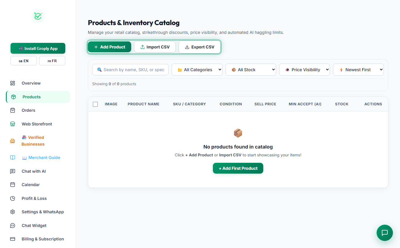 Products Catalog Table (Desktop View)