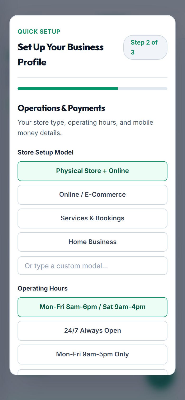 Onboarding Step 2: Payments Setup (Mobile View)