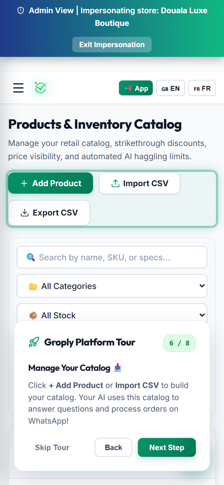 Products Catalog Table (Mobile View)